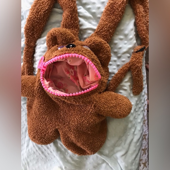 Handmade Knit Lined Fuzzy Bear Bunny Zipper Mouth Googly Eyes Backpack Bag OOAK - Picture 3 of 16